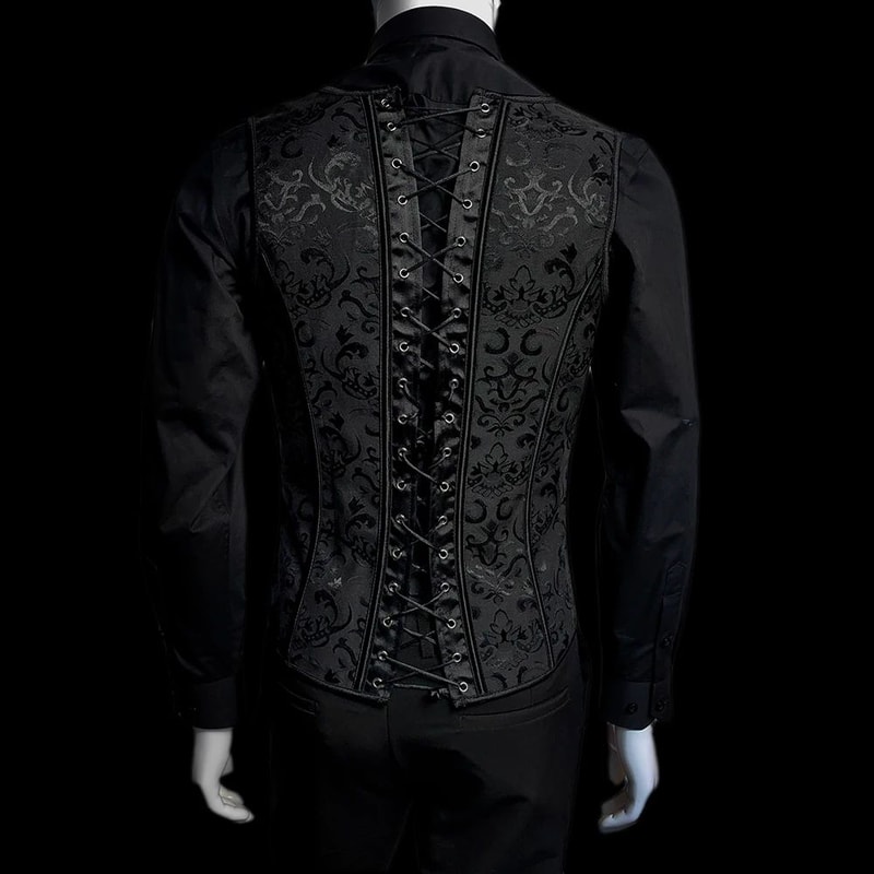 Mens LaceUp Boned Corset Waistcoat Vest Slim Waist Shaping VNeck Black Print Formal Wedding Stage 2