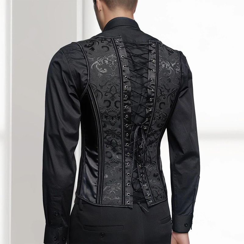 Mens LaceUp Boned Corset Waistcoat Vest Slim Waist Shaping VNeck Black Print Formal Wedding Stage 5