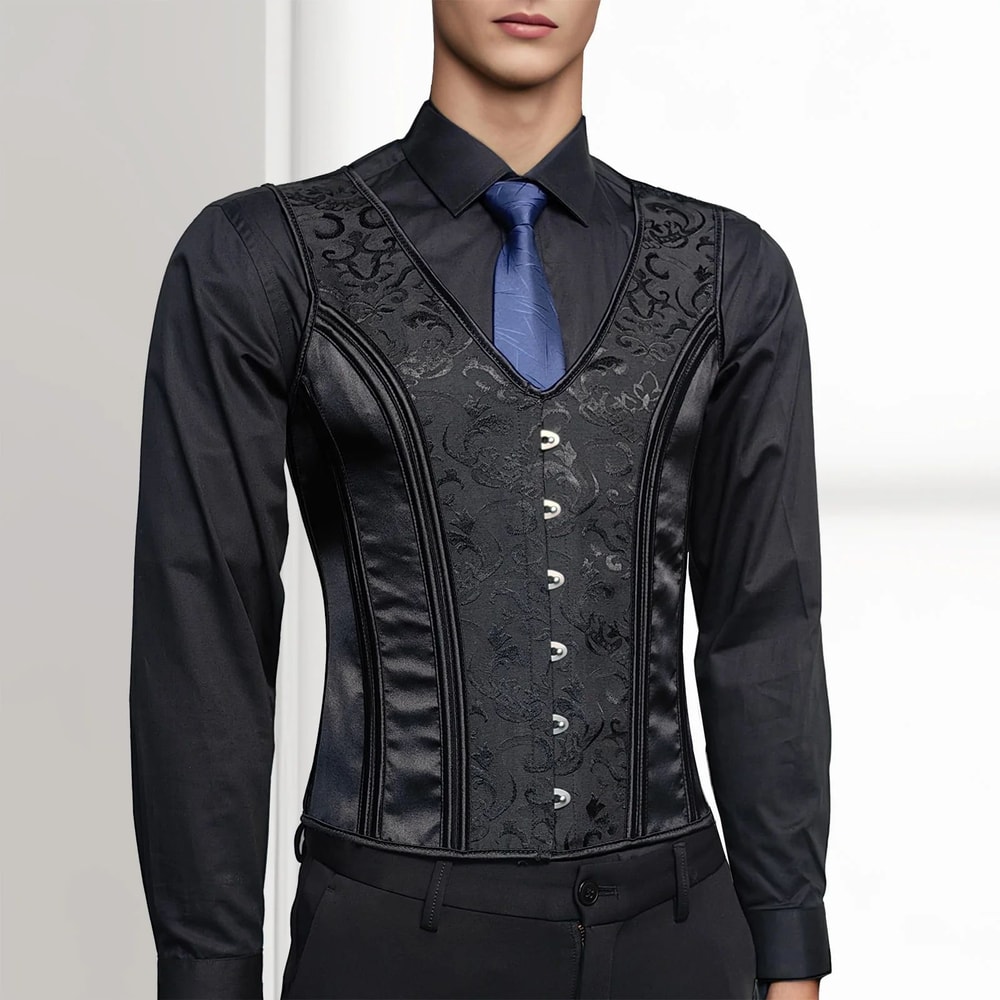 Mens LaceUp Boned Corset Waistcoat Vest Slim Waist Shaping VNeck Black Print Formal Wedding Stage 6