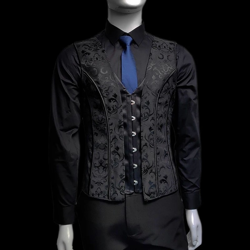 Mens LaceUp Boned Corset Waistcoat Vest Slim Waist Shaping VNeck Black Print Formal Wedding Stage 7