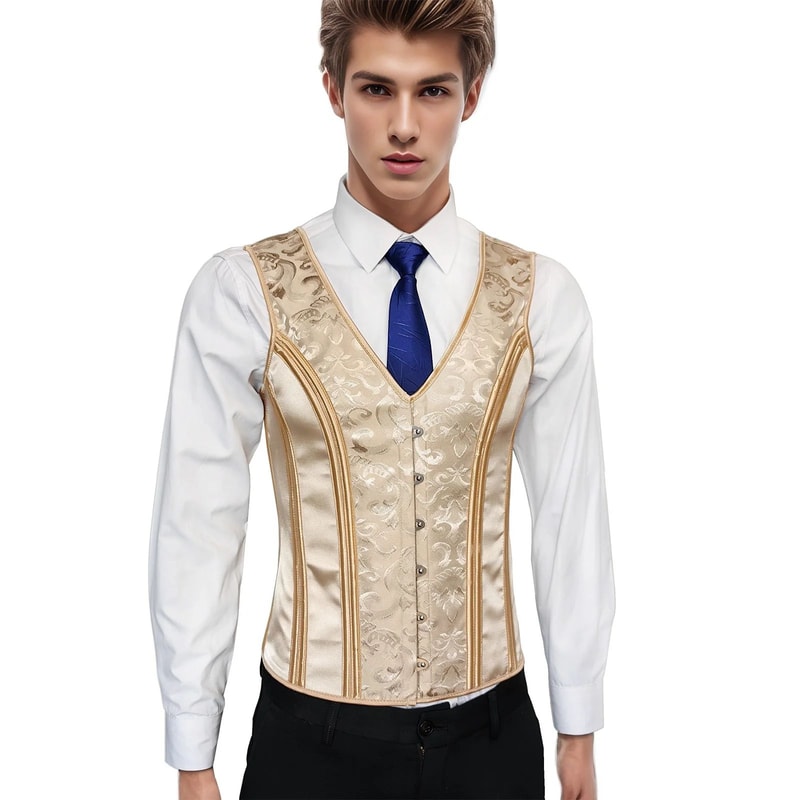 Mens Corset Vest Waistcoat Beige Floral Boned LaceUp Waist Trainer Tight Formal Dress Vest For Wed 1
