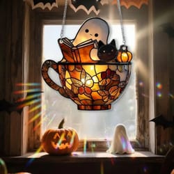 ghost bathtub halloween suncatcher – cute spooky acrylic window hanging ornament reading book design