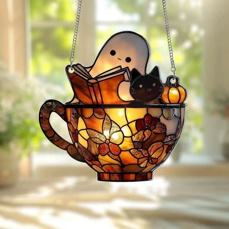 Ghost Bathtub Halloween Suncatcher Cute Spooky Acrylic Window Hanging Ornament Reading Book Design 1