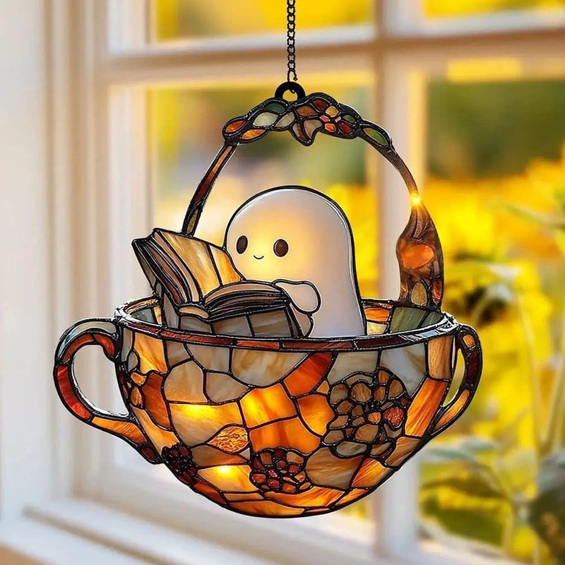 Ghost Bathtub Halloween Suncatcher Cute Spooky Acrylic Window Hanging Ornament Reading Book Design 2