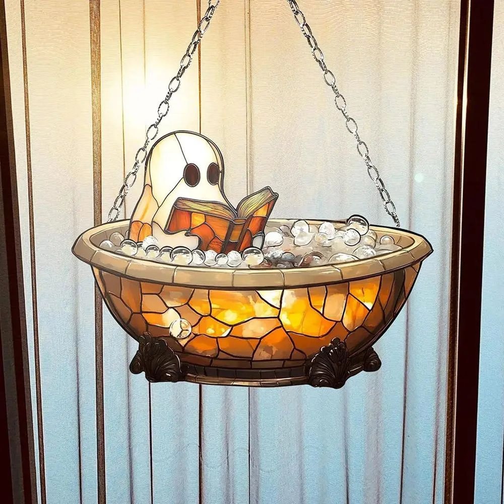 Ghost Bathtub Halloween Suncatcher Cute Spooky Acrylic Window Hanging Ornament Reading Book Design 3
