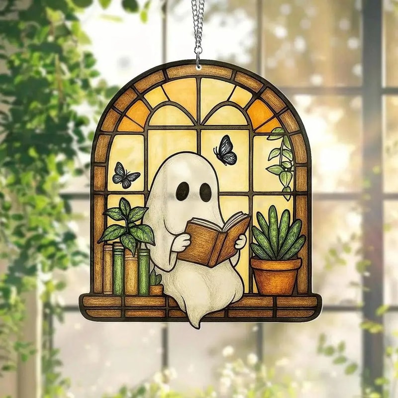 Ghost Bathtub Halloween Suncatcher Cute Spooky Acrylic Window Hanging Ornament Reading Book Design 4