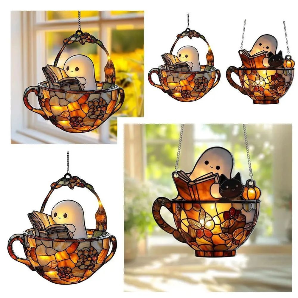 Ghost Bathtub Halloween Suncatcher Cute Spooky Acrylic Window Hanging Ornament Reading Book Design 5