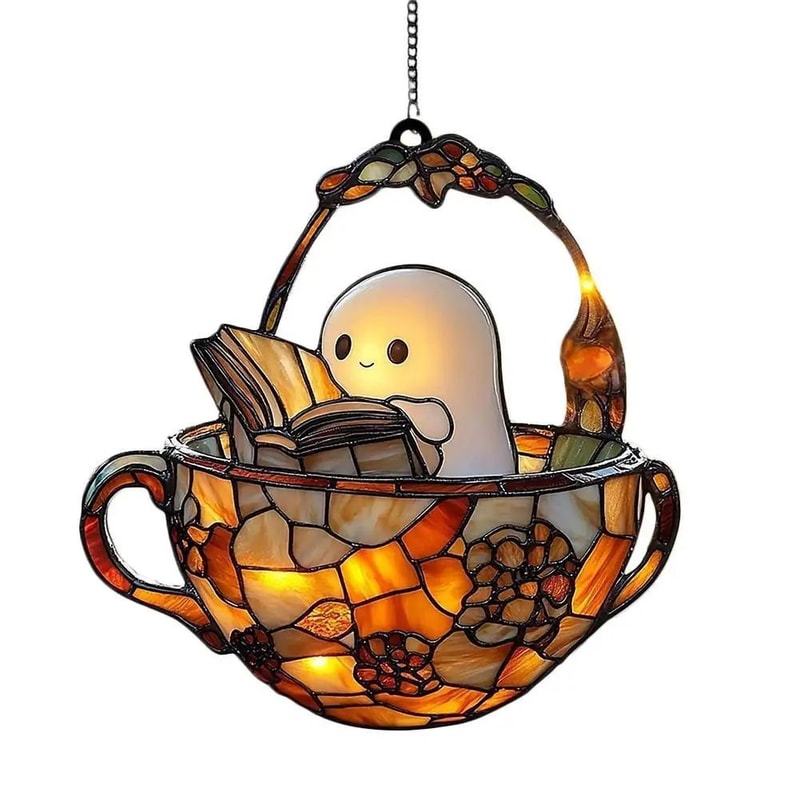 Ghost Bathtub Halloween Suncatcher Cute Spooky Acrylic Window Hanging Ornament Reading Book Design 6