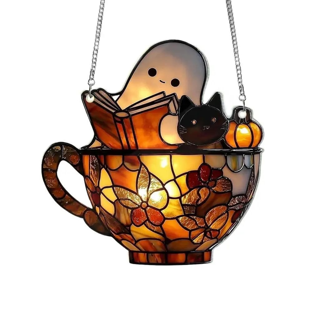 Ghost Bathtub Halloween Suncatcher Cute Spooky Acrylic Window Hanging Ornament Reading Book Design 7
