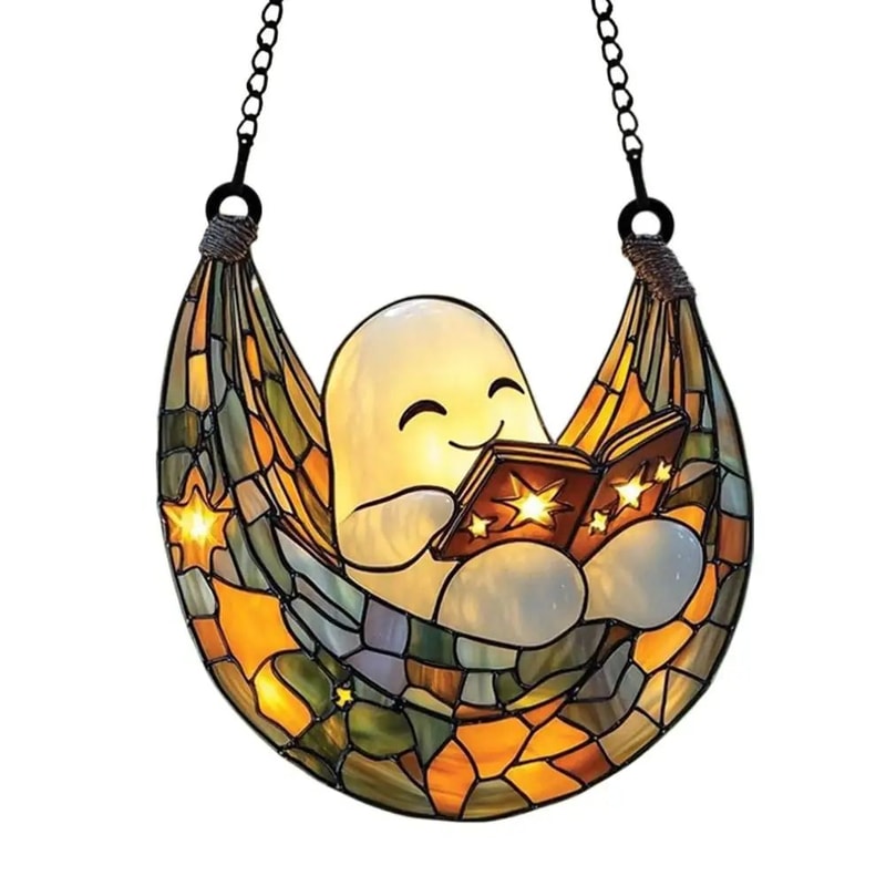 Ghost Bathtub Halloween Suncatcher Cute Spooky Acrylic Window Hanging Ornament Reading Book Design 9