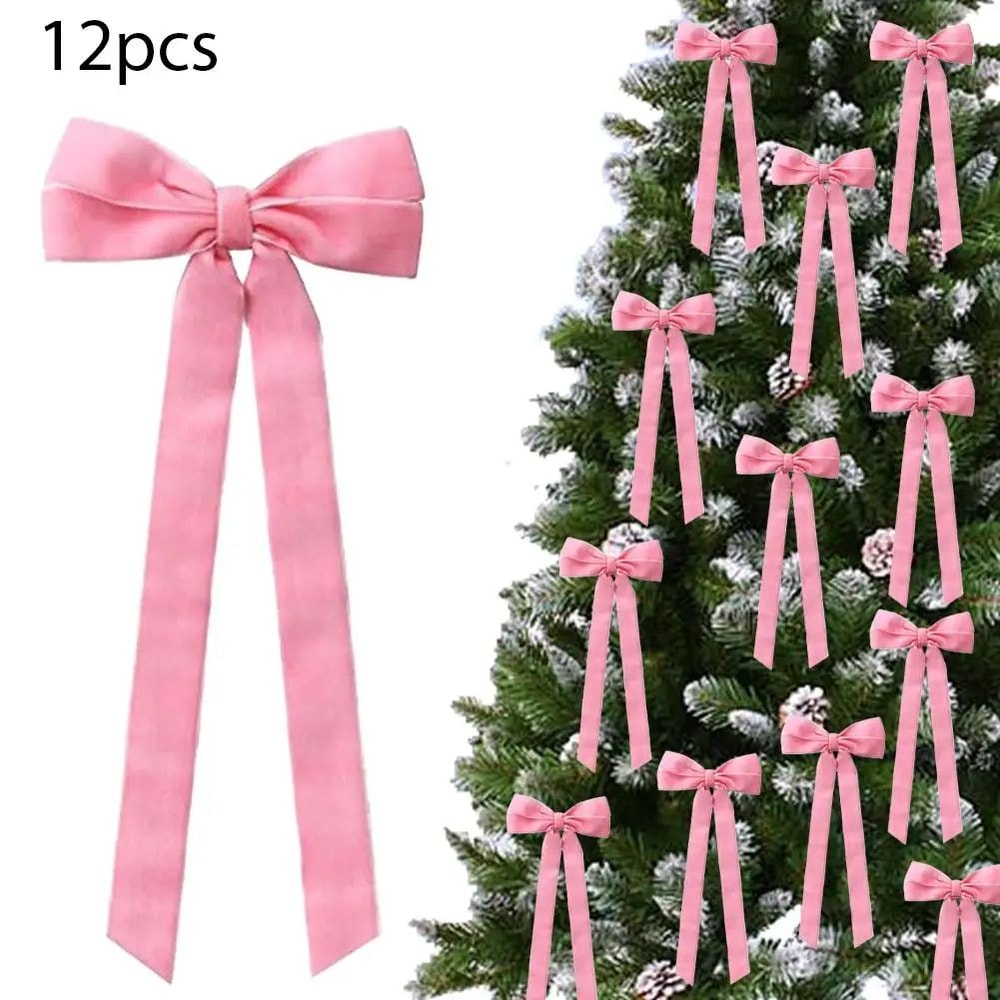 12 Pcs Pink Velvet Christmas Tree Bows Large Rustic Ribbon Ornaments For Tree Wreaths And Garland 14