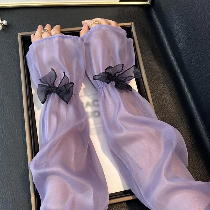 Ice Silk UV Protection Sheer Arm Sleeves With Bow Tie Lolita Fingerless Sunscreen Gloves For Women 3
