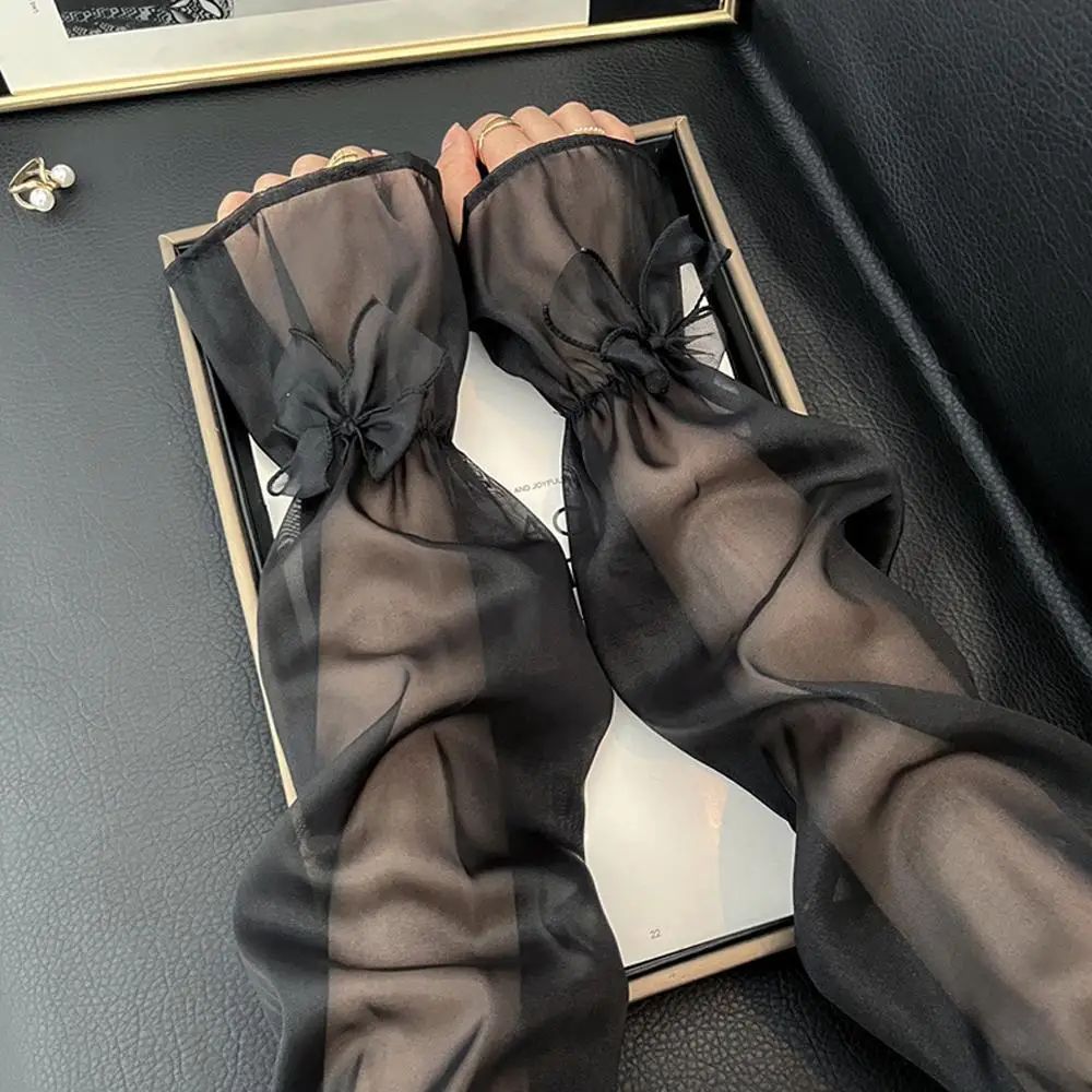 Ice Silk UV Protection Sheer Arm Sleeves With Bow Tie Lolita Fingerless Sunscreen Gloves For Women 4