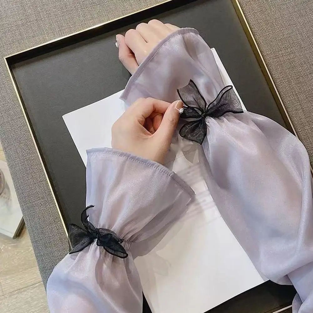 Ice Silk UV Protection Sheer Arm Sleeves With Bow Tie Lolita Fingerless Sunscreen Gloves For Women 7
