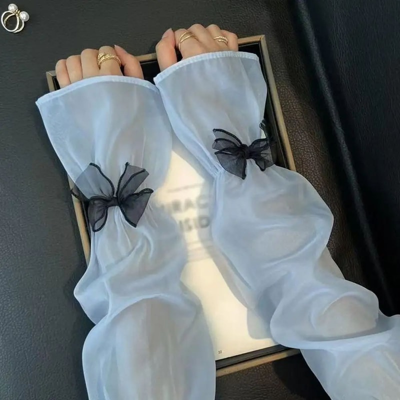 Ice Silk UV Protection Sheer Arm Sleeves With Bow Tie Lolita Fingerless Sunscreen Gloves For Women 10