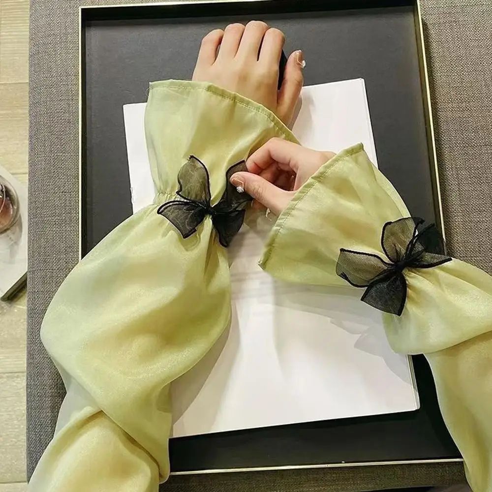 Ice Silk UV Protection Sheer Arm Sleeves With Bow Tie Lolita Fingerless Sunscreen Gloves For Women 12