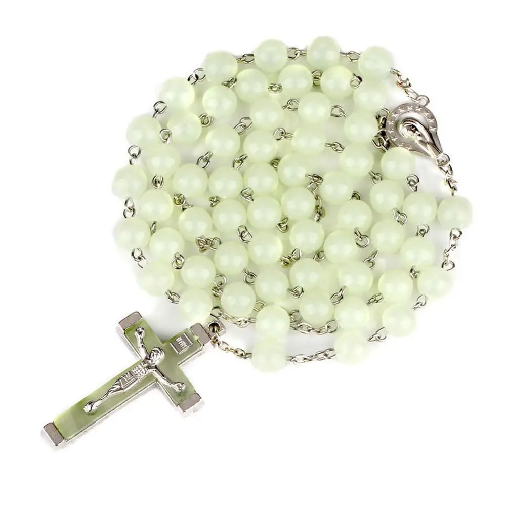 GlowintheDark Catholic Rosary Necklace With Cross Pendant Luminescent Jesus Prayer Beads Chain For 0
