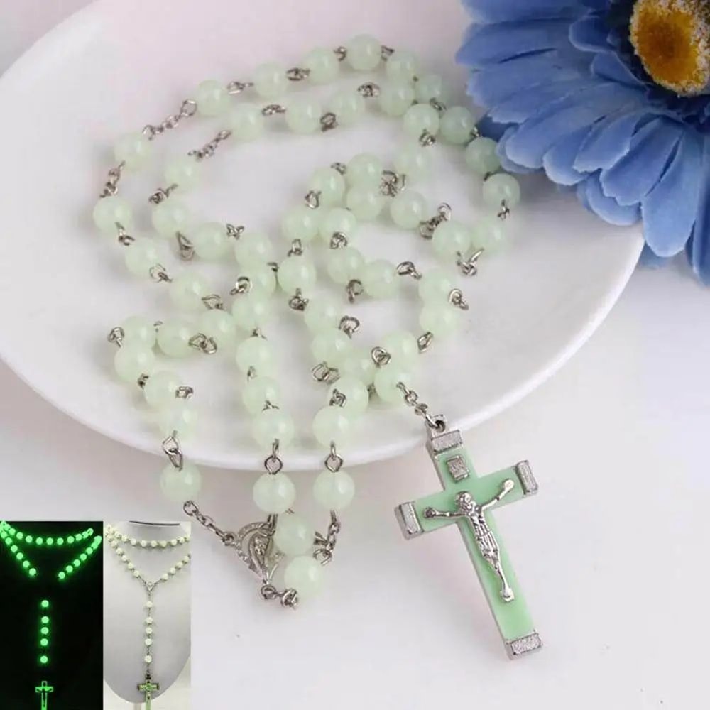 GlowintheDark Catholic Rosary Necklace With Cross Pendant Luminescent Jesus Prayer Beads Chain For 1