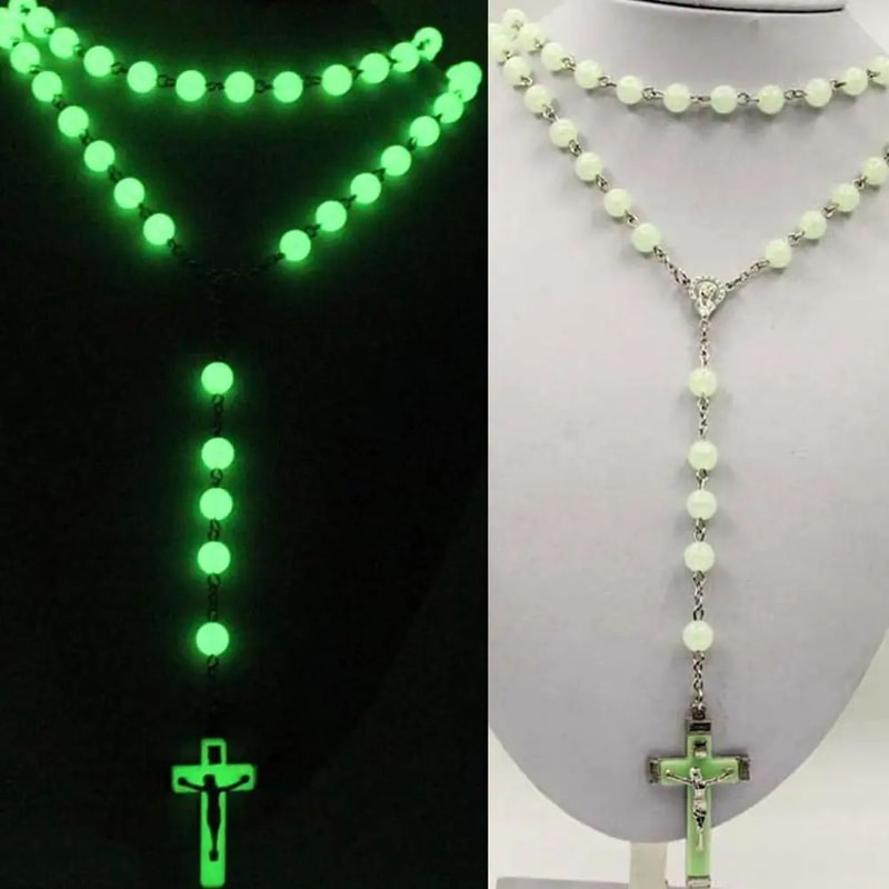 GlowintheDark Catholic Rosary Necklace With Cross Pendant Luminescent Jesus Prayer Beads Chain For 5