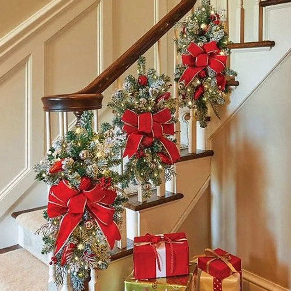 Pre Lit Christmas Staircase Garland Swag With Red Bows Lighted Holiday Stairway Door Decor Greene 3