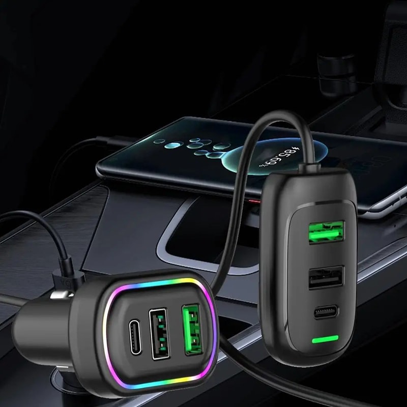 48W 6Port Car Charger With USBC PD Fast Charging MultiDevice Cigarette Lighter Adapter With RGB Li 1