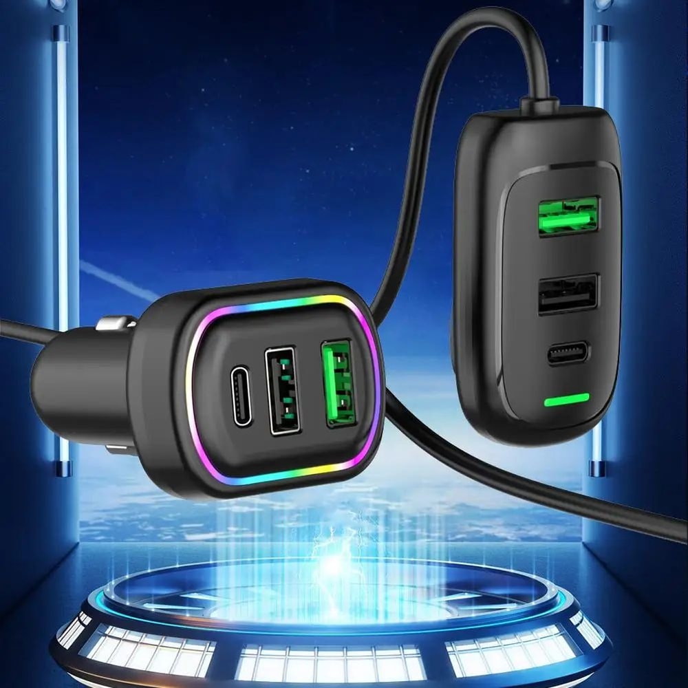 48W 6Port Car Charger With USBC PD Fast Charging MultiDevice Cigarette Lighter Adapter With RGB Li 2