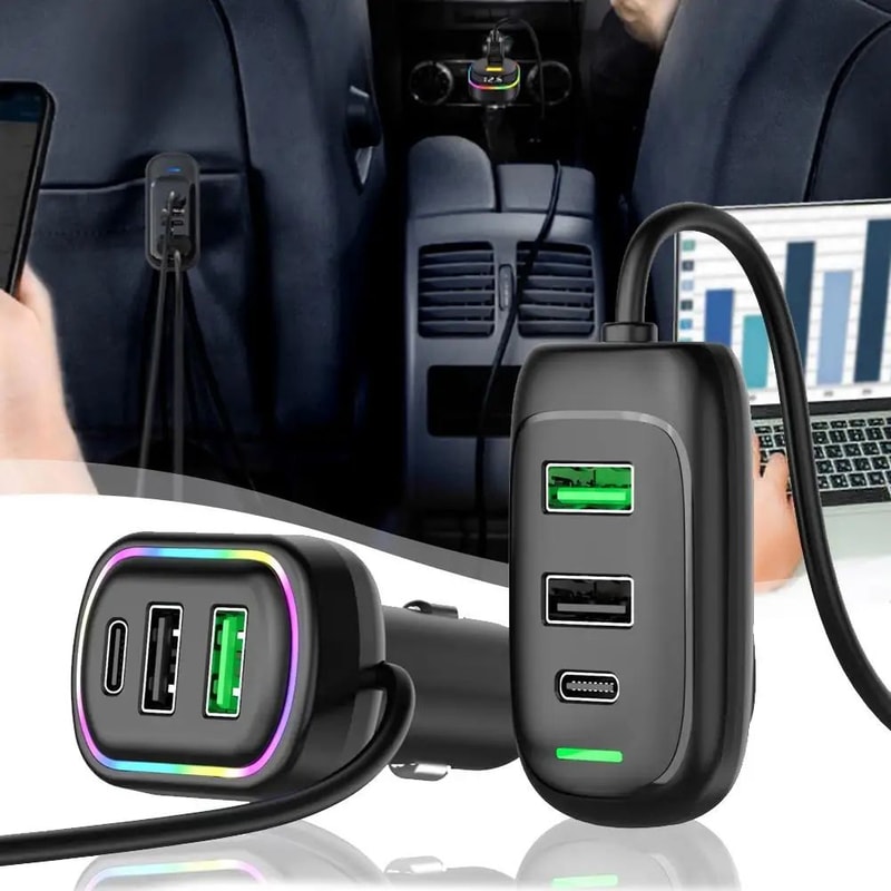 48W 6Port Car Charger With USBC PD Fast Charging MultiDevice Cigarette Lighter Adapter With RGB Li 3
