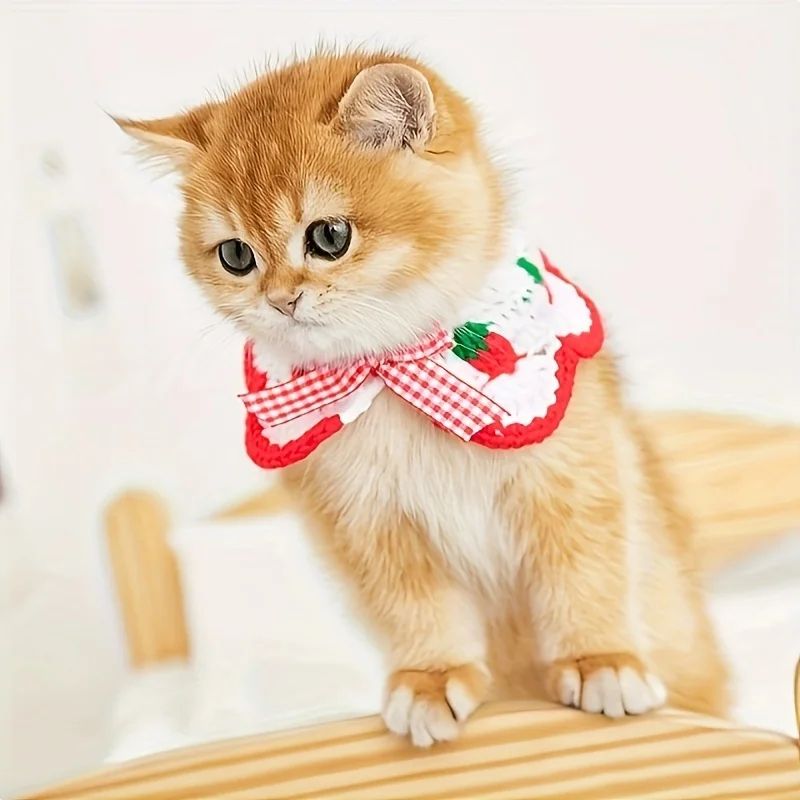 Strawberry Plaid Pet Bib Bandana Soft Ruffle Bow Tie Collar With Adjustable Strap For Cats Dogs 1