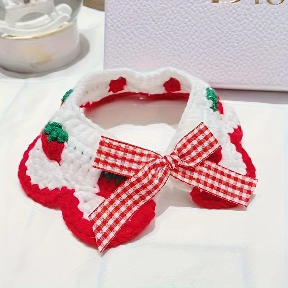 Strawberry Plaid Pet Bib Bandana Soft Ruffle Bow Tie Collar With Adjustable Strap For Cats Dogs 6
