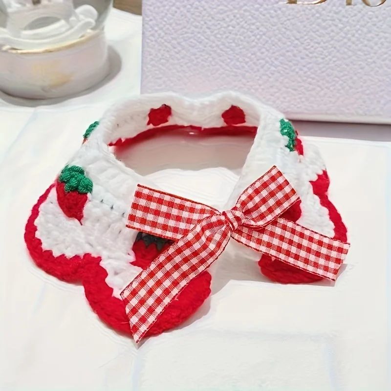 Strawberry Plaid Pet Bib Bandana Soft Ruffle Bow Tie Collar With Adjustable Strap For Cats Dogs 6