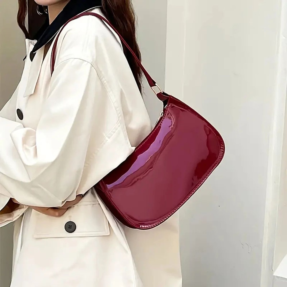 Luxury Retro Red Patent Leather Shoulder Bag Chic Underarm Handbag Small Baguette Purse For Women 0