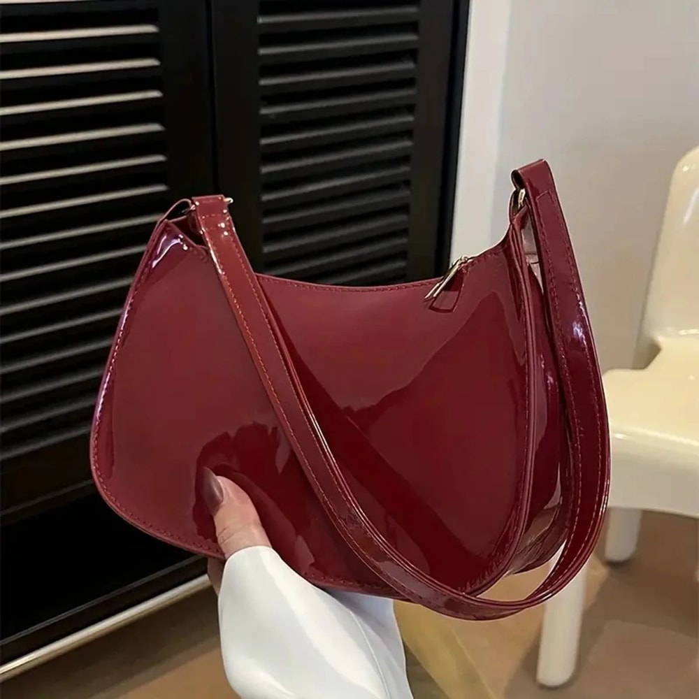 Luxury Retro Red Patent Leather Shoulder Bag Chic Underarm Handbag Small Baguette Purse For Women 3