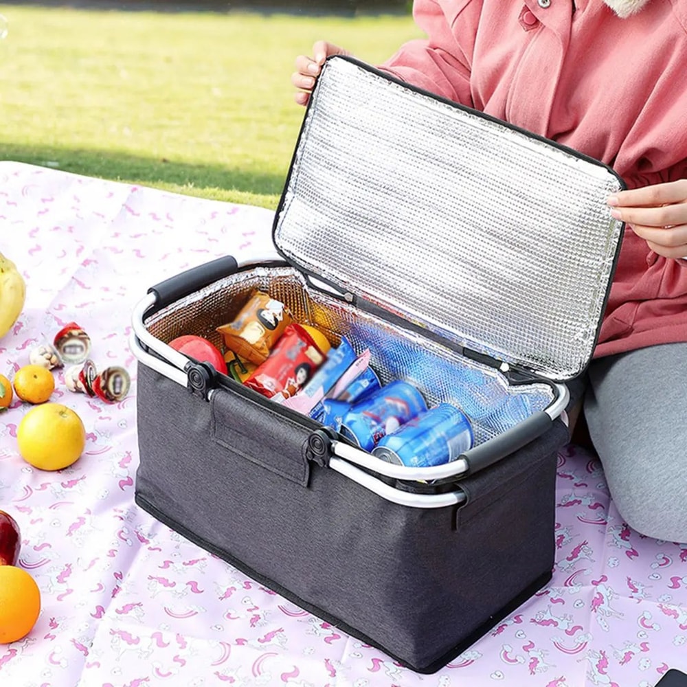 Foldable Insulated Picnic Basket Large Capacity Aluminum Foil Thermal Cooler Tote With Sturdy Fram 1