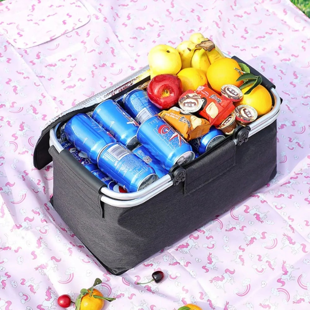 Foldable Insulated Picnic Basket Large Capacity Aluminum Foil Thermal Cooler Tote With Sturdy Fram 4