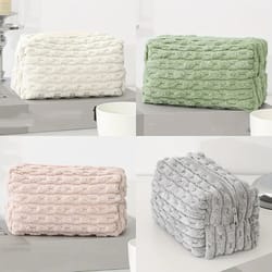 plush large makeup bag – solid color portable cosmetic tote & toiletry organizer for women, travel storage case