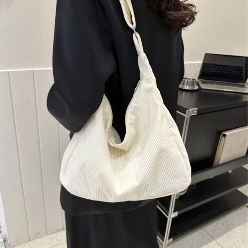 Japanese Style Corduroy Tote Bag Large Capacity Casual Shoulder Bag For Women Commute College Eve 3