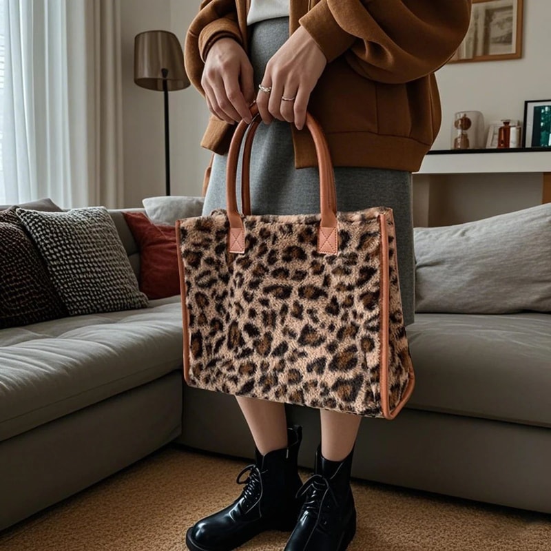 Yellow Leopard Print Plush Tote Bag For Women Autumn Winter Fashion Shoulder Handbag Soft Faux Fur 1
