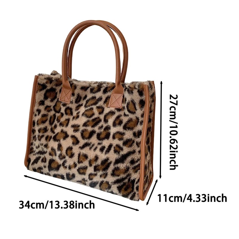 Yellow Leopard Print Plush Tote Bag For Women Autumn Winter Fashion Shoulder Handbag Soft Faux Fur 2