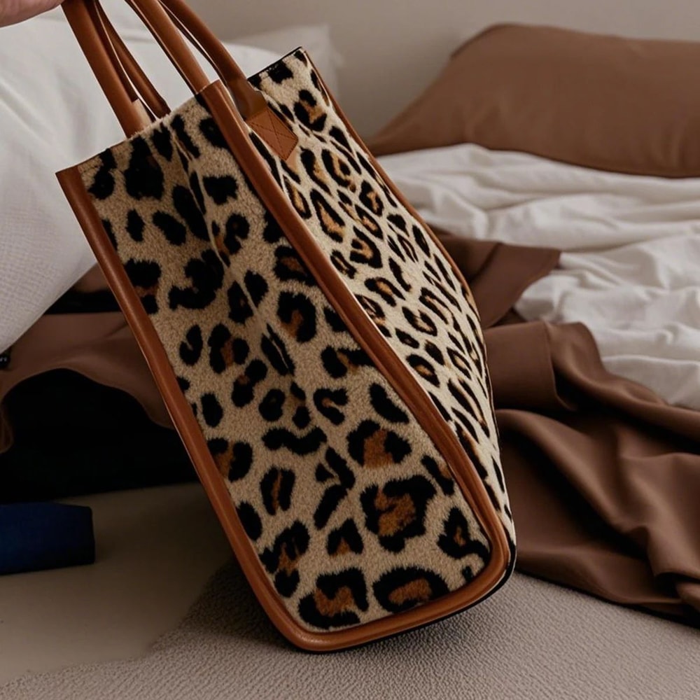 Yellow Leopard Print Plush Tote Bag For Women Autumn Winter Fashion Shoulder Handbag Soft Faux Fur 4