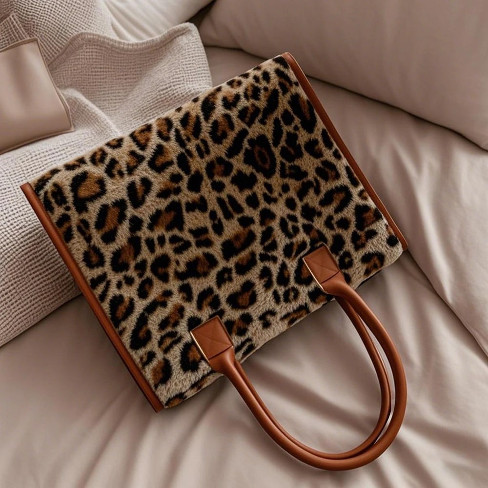 Yellow Leopard Print Plush Tote Bag For Women Autumn Winter Fashion Shoulder Handbag Soft Faux Fur 5