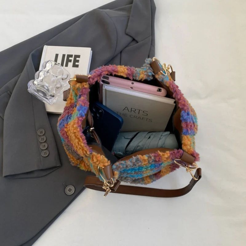 Red Plaid Lambswool Shoulder Tote Bag For Women Large Capacity Autumn Winter Underarm Purse Cozy S 2