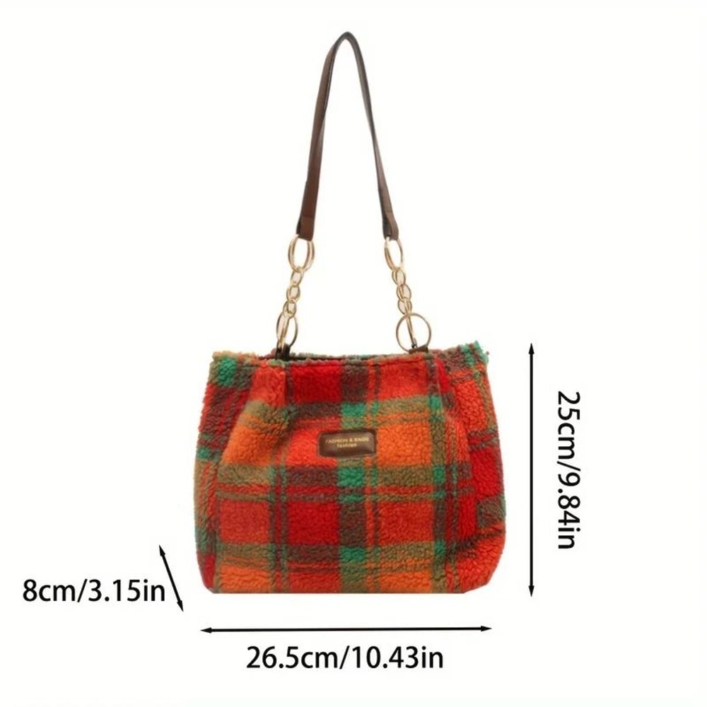 Red Plaid Lambswool Shoulder Tote Bag For Women Large Capacity Autumn Winter Underarm Purse Cozy S 3