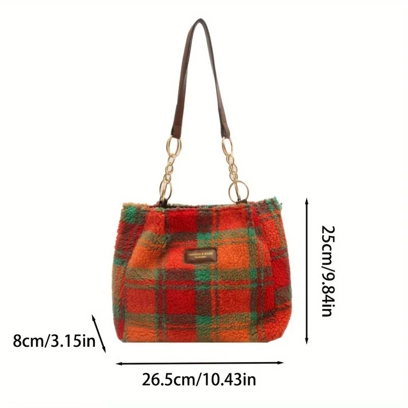 Red Plaid Lambswool Shoulder Tote Bag For Women Large Capacity Autumn Winter Underarm Purse Cozy S 3