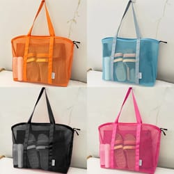 large mesh beach tote bag with liner – foldable travel zipper shopping bag, lightweight luggage carryall for vacation