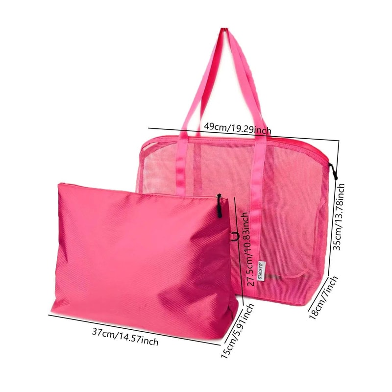 Large Mesh Beach Tote Bag With Liner Foldable Travel Zipper Shopping Bag Lightweight Luggage Carry 2
