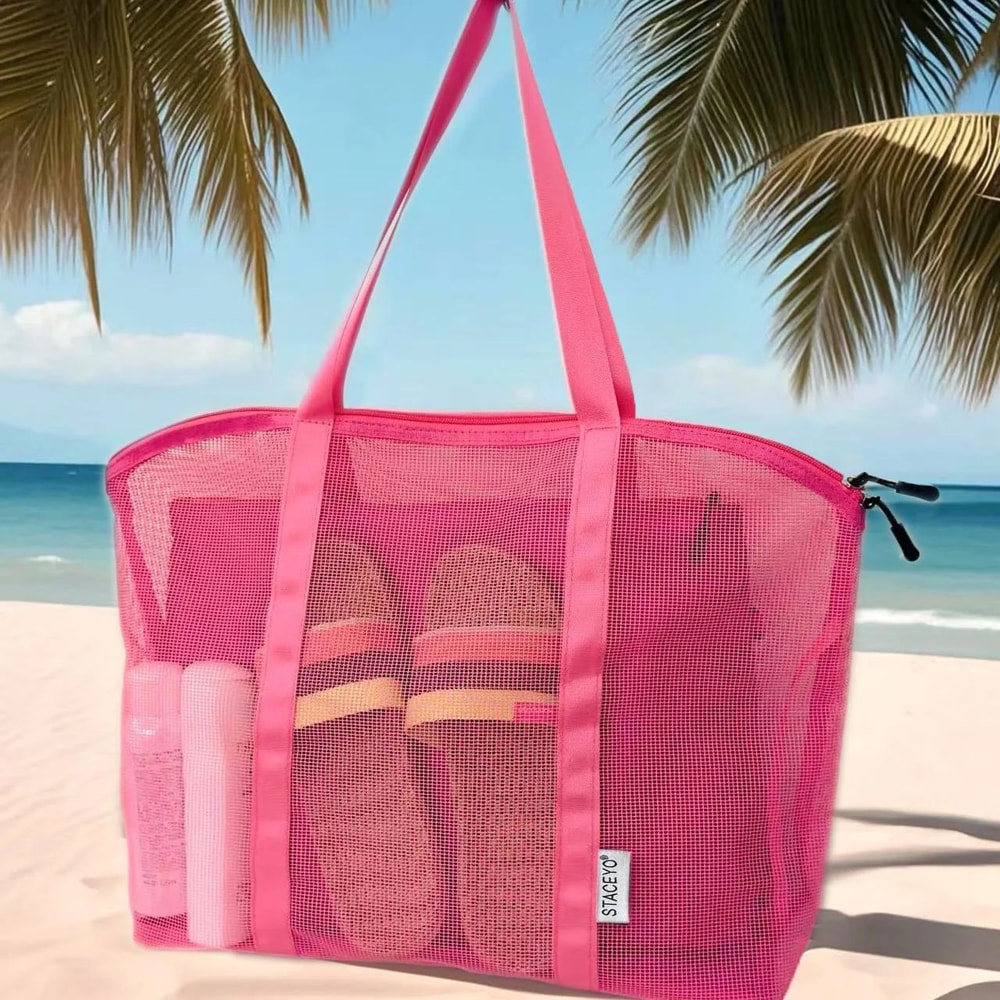 Large Mesh Beach Tote Bag With Liner Foldable Travel Zipper Shopping Bag Lightweight Luggage Carry 3