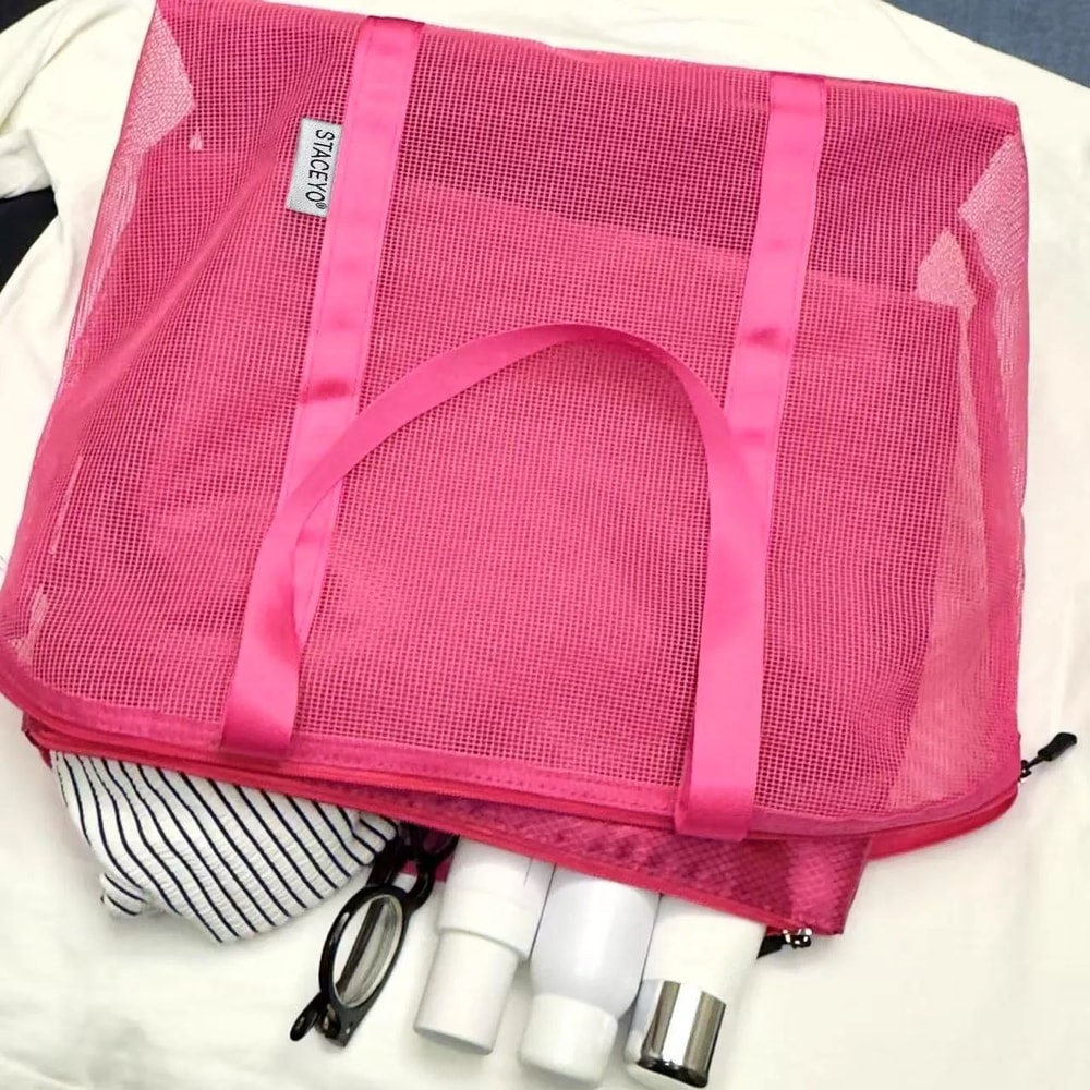 Large Mesh Beach Tote Bag With Liner Foldable Travel Zipper Shopping Bag Lightweight Luggage Carry 4