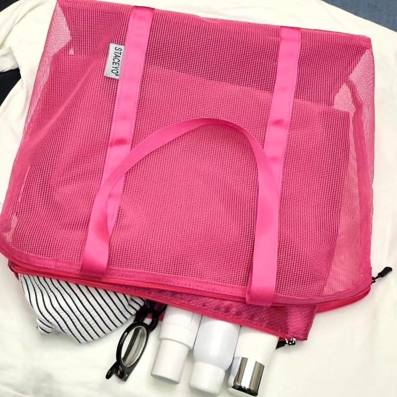 Large Mesh Beach Tote Bag With Liner Foldable Travel Zipper Shopping Bag Lightweight Luggage Carry 4
