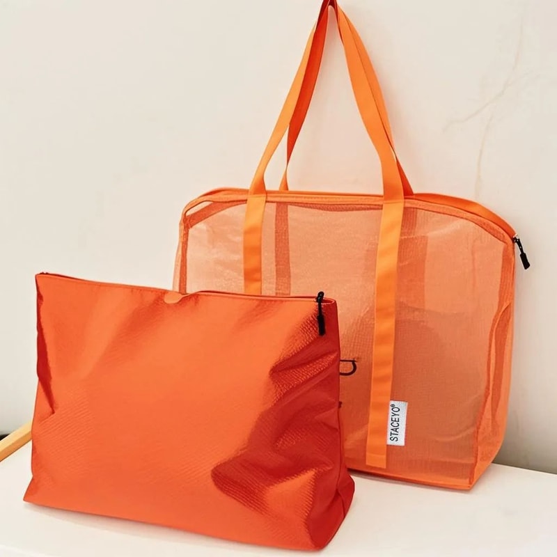 Large Mesh Beach Tote Bag With Liner Foldable Travel Zipper Shopping Bag Lightweight Luggage Carry 8