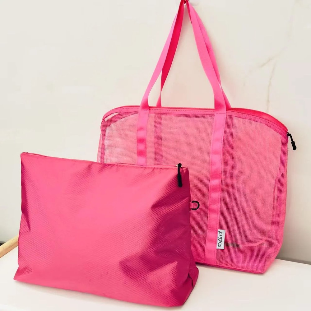 Large Mesh Beach Tote Bag With Liner Foldable Travel Zipper Shopping Bag Lightweight Luggage Carry 9